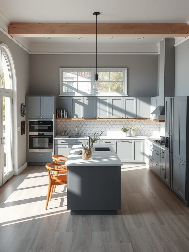 Modern grey and white kitchen with open concept design, featuring an island and dining area