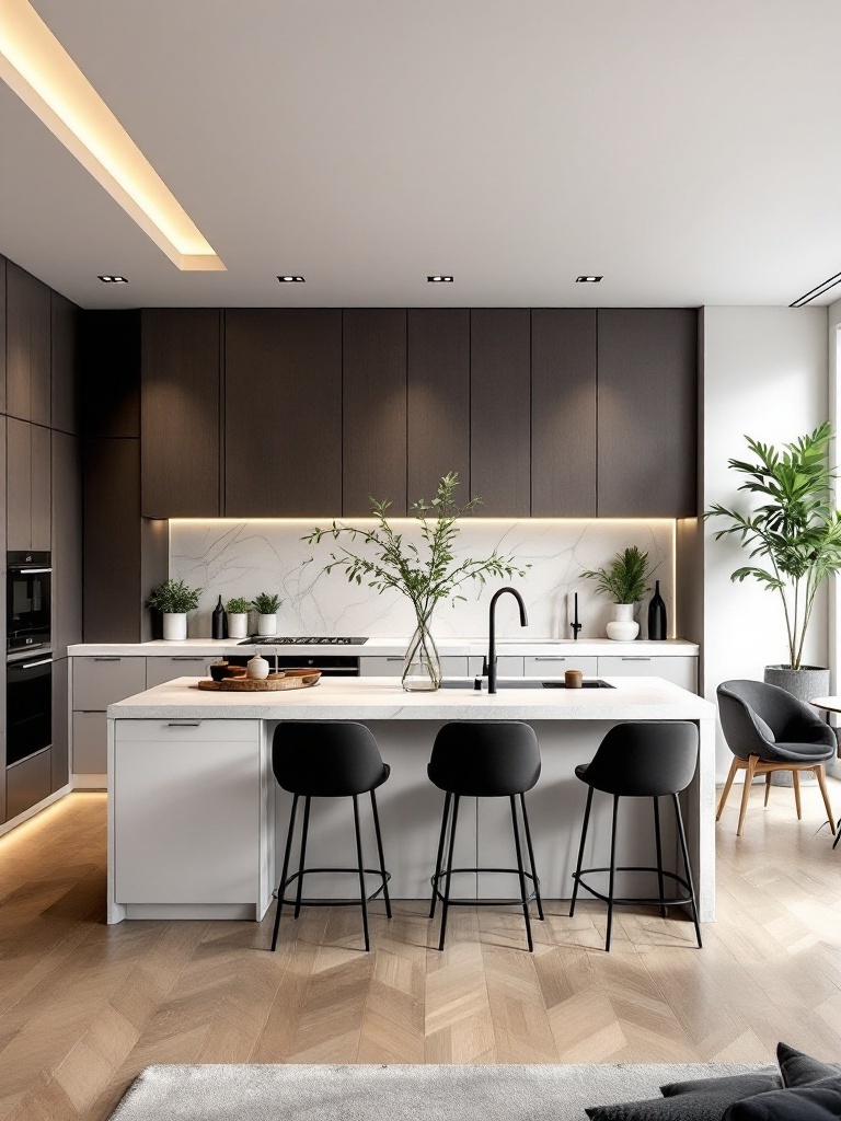 Modern open concept kitchen with sleek dark cabinets, light countertops, and plants.