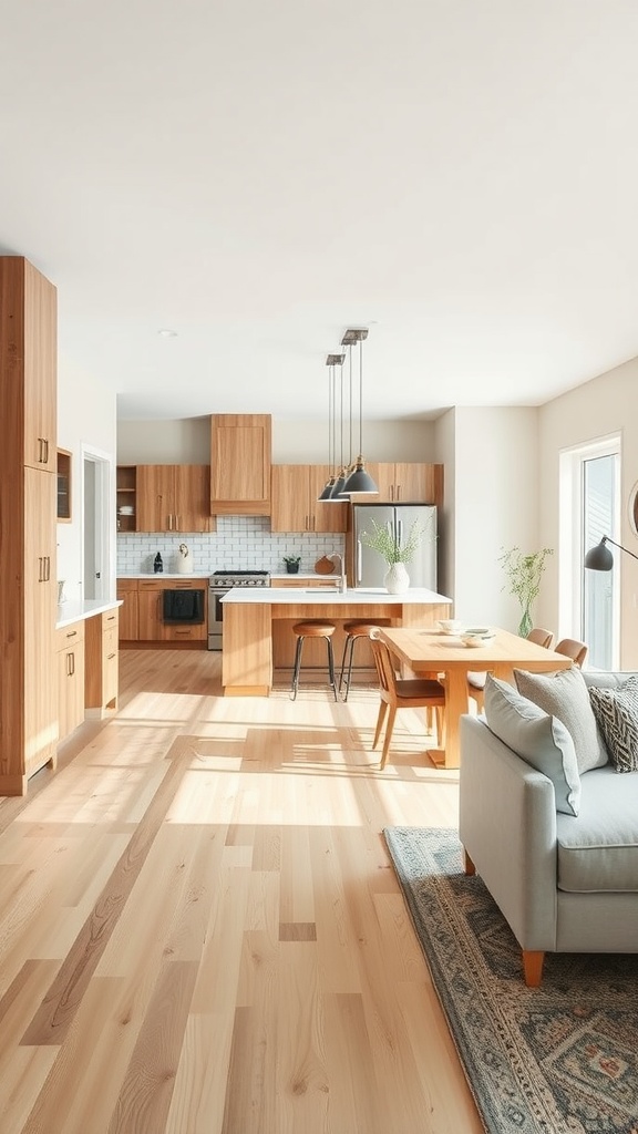 Open concept kitchen and dining area featuring light wood flooring, natural wood cabinets, marble island, and a cozy dining table.