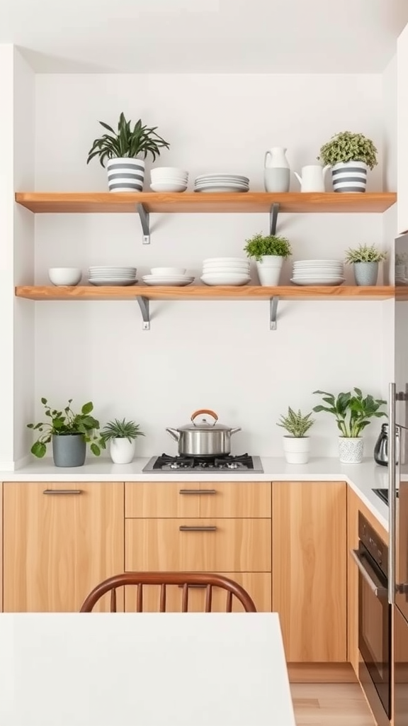 Minimalist kitchen with open shelving, plants, and clean design.