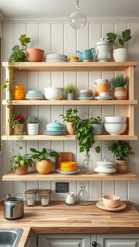 A cottage style kitchen with open shelving displaying colorful dishware and plants.