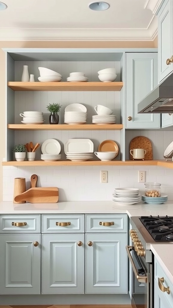 A kitchen showcasing light blue cabinets with open wooden shelves filled with white dishware and plants.