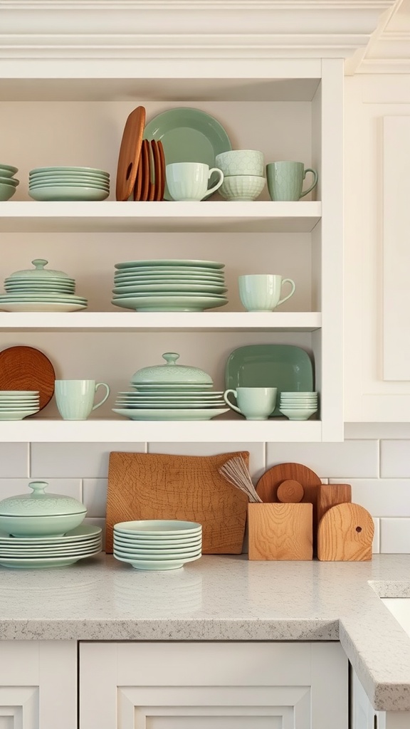 Open shelving in a kitchen displaying sage green dishware and wooden accessories.