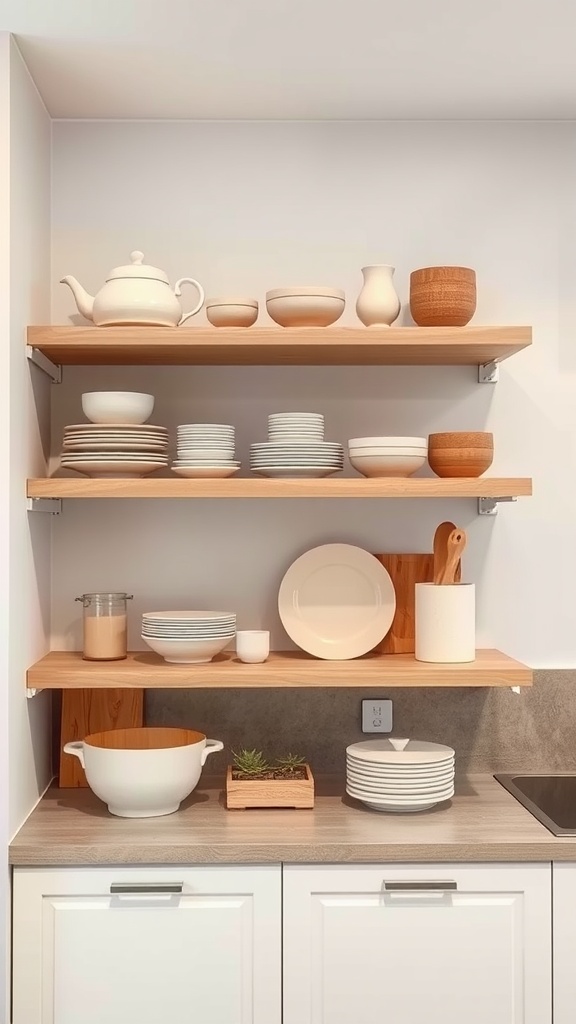 Open shelving in a modern beige kitchen with wooden shelves showcasing dishware and a small plant.