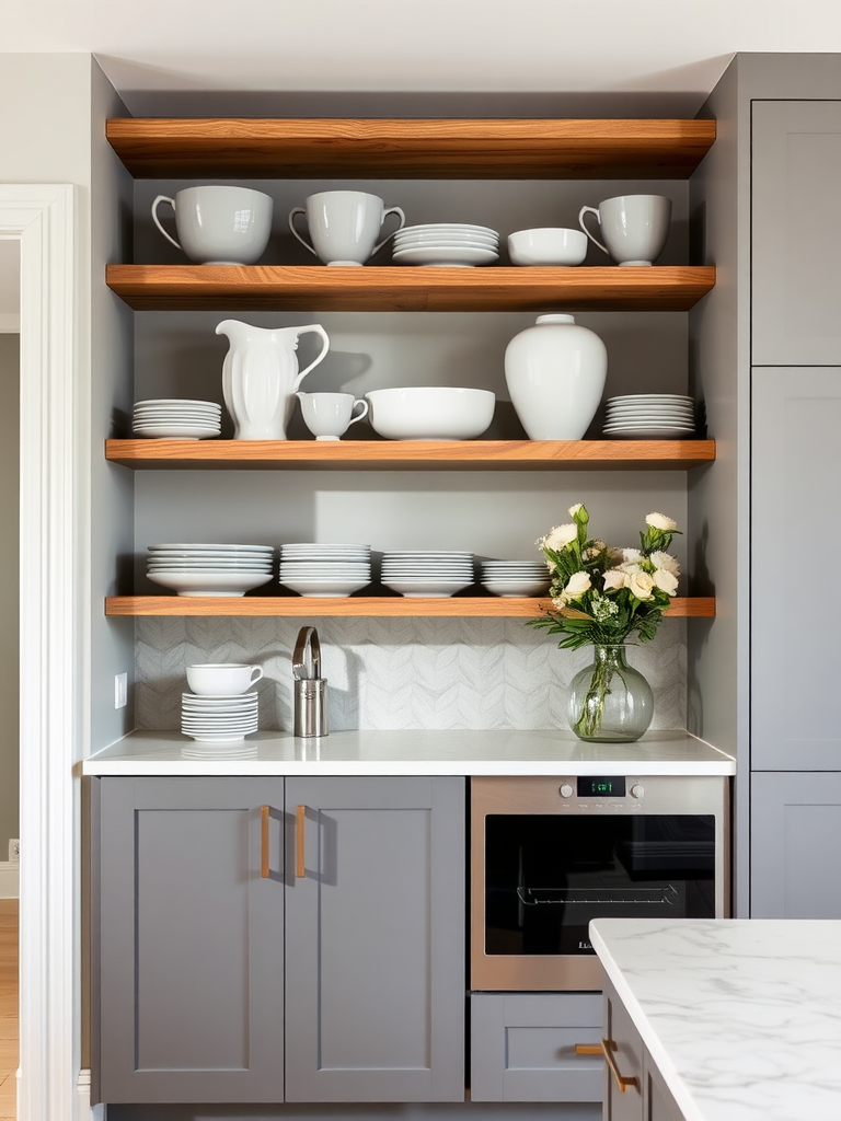 Open shelving in a modern kitchen displaying grey and white dishware on wooden shelves.