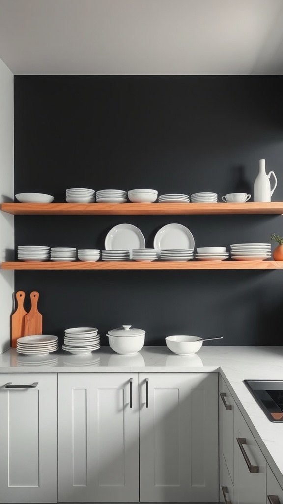 A modern kitchen with open shelving displaying white plates and minimal decor against a dark wall.