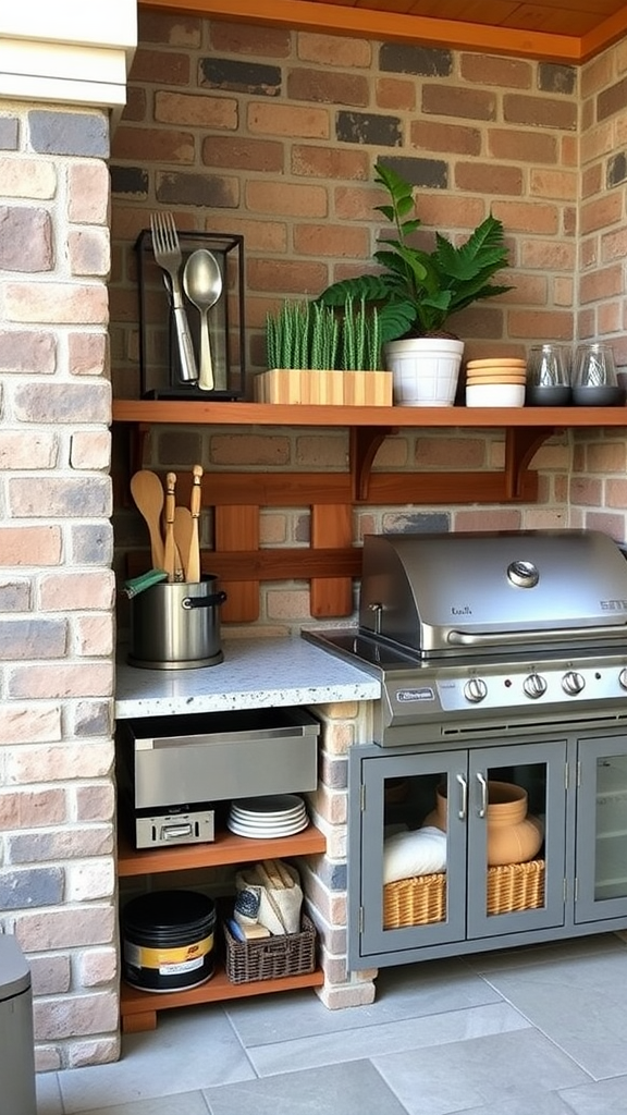 A compact outdoor kitchen featuring wooden shelves for storage, a grill, and a beverage cooler.