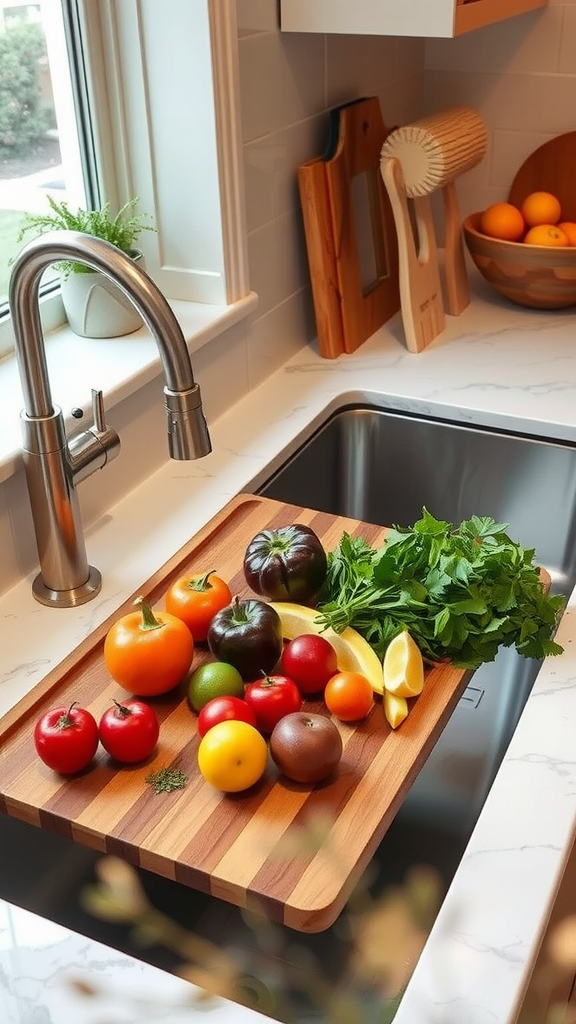 A wooden cutting board with fresh vegetables over a kitchen sink, showcasing an organized countertop with potted plants.