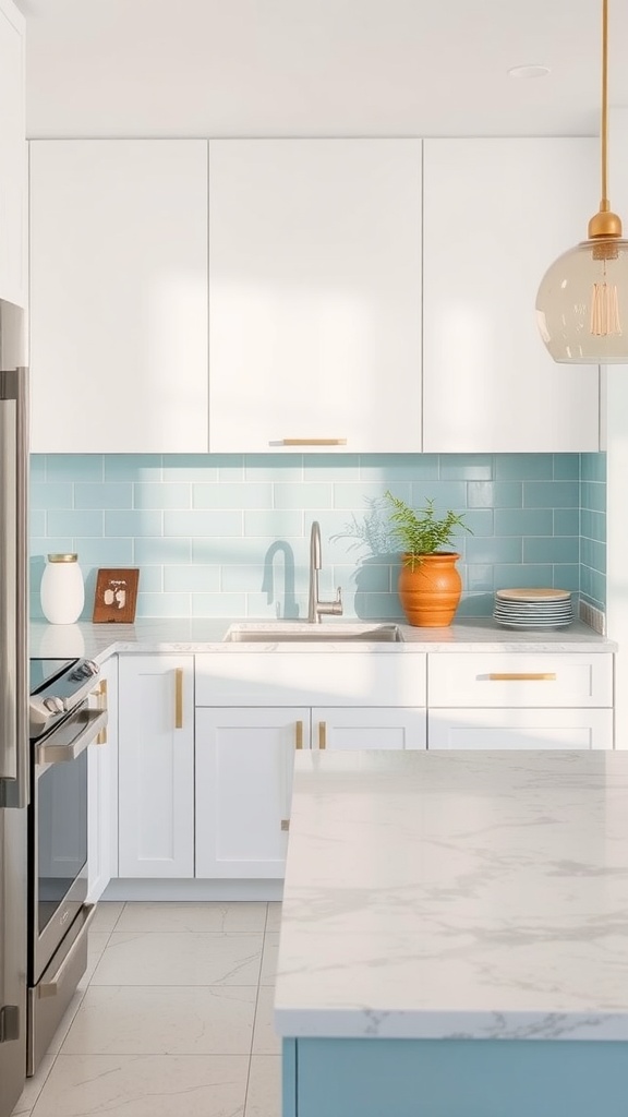 A modern kitchen featuring a light blue backsplash, white cabinets, and a marble countertop