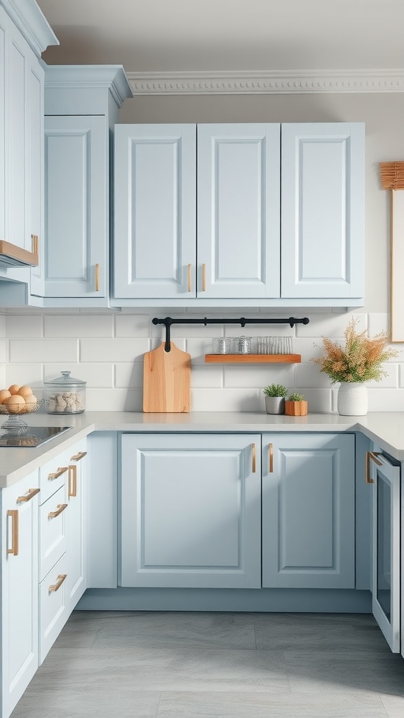 A light blue kitchen with soft gray walls, featuring stylish cabinets and warm wooden accents.