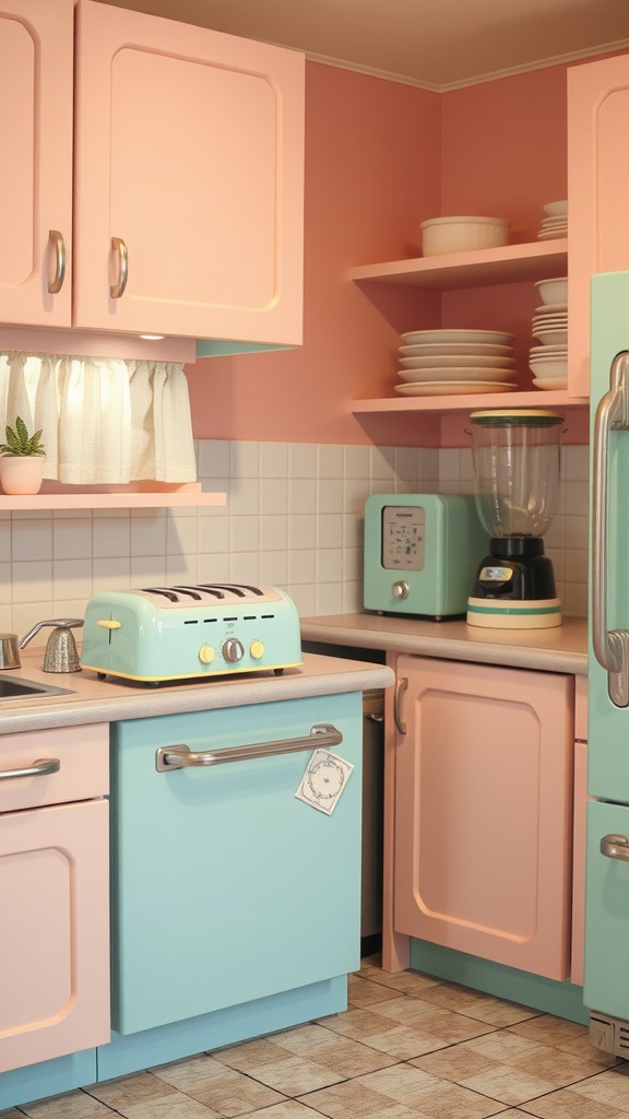 A retro-style kitchen featuring pastel appliances in pink and mint green, showcasing a cheerful and nostalgic design.