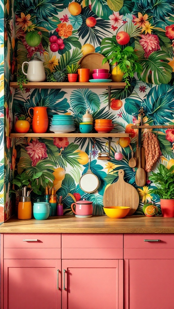 Colorful kitchen with patterned wallpaper featuring tropical plants and fruits, pink cabinets, and vibrant dishware.