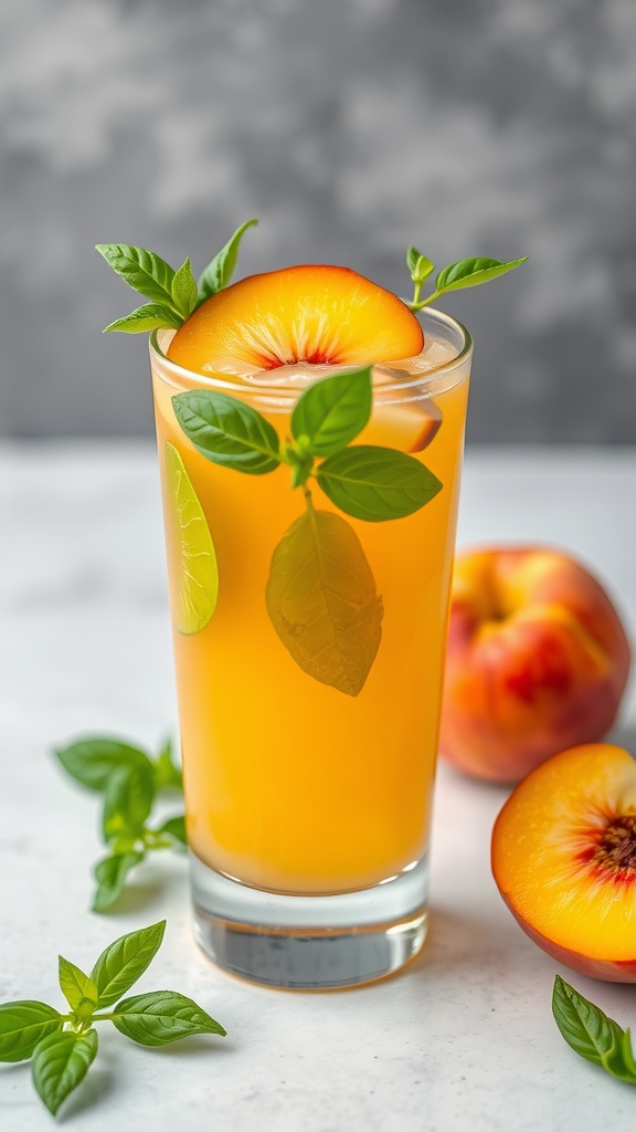 A refreshing glass of Peach and Basil Infusion with peach slices and basil leaves