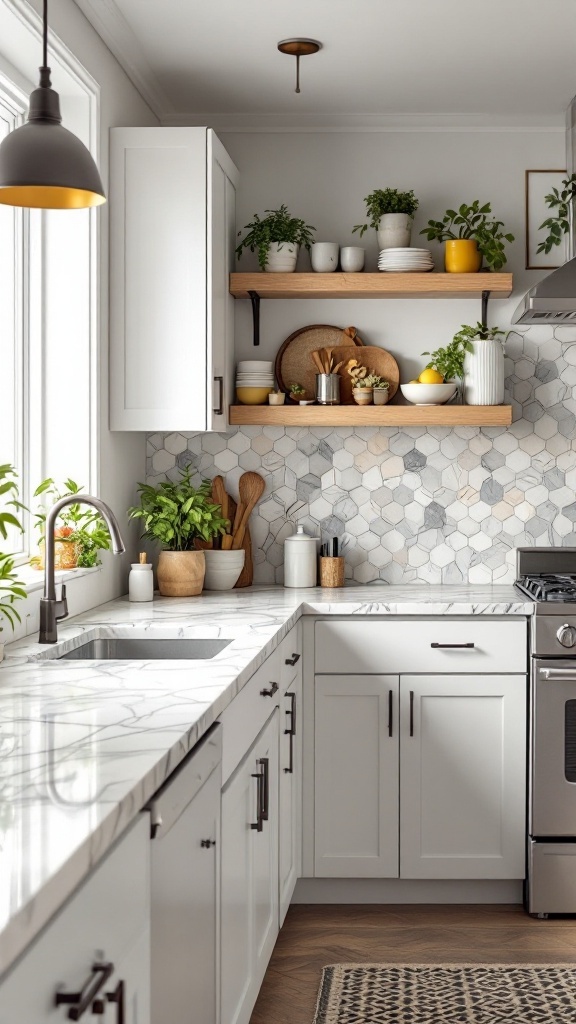 A modern kitchen with a marble-like countertop, wooden shelves, and plants, showcasing a bright and welcoming atmosphere.