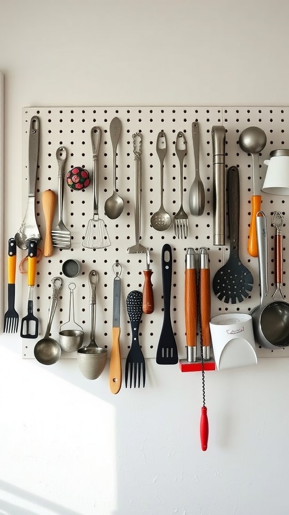 A pegboard displaying various kitchen utensils and tools