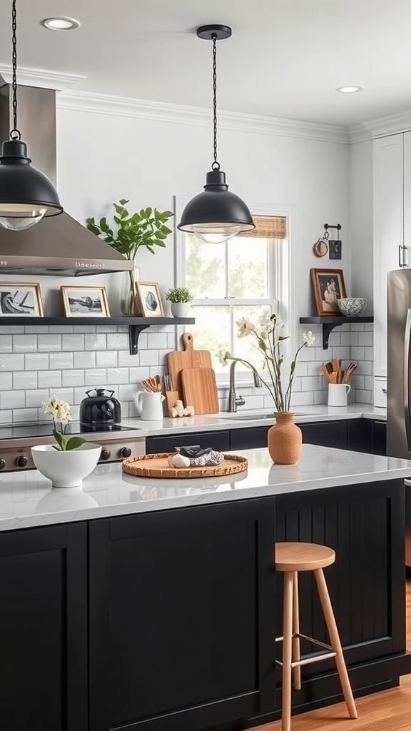 Stylish black and white kitchen with personal touches and modern accessories.