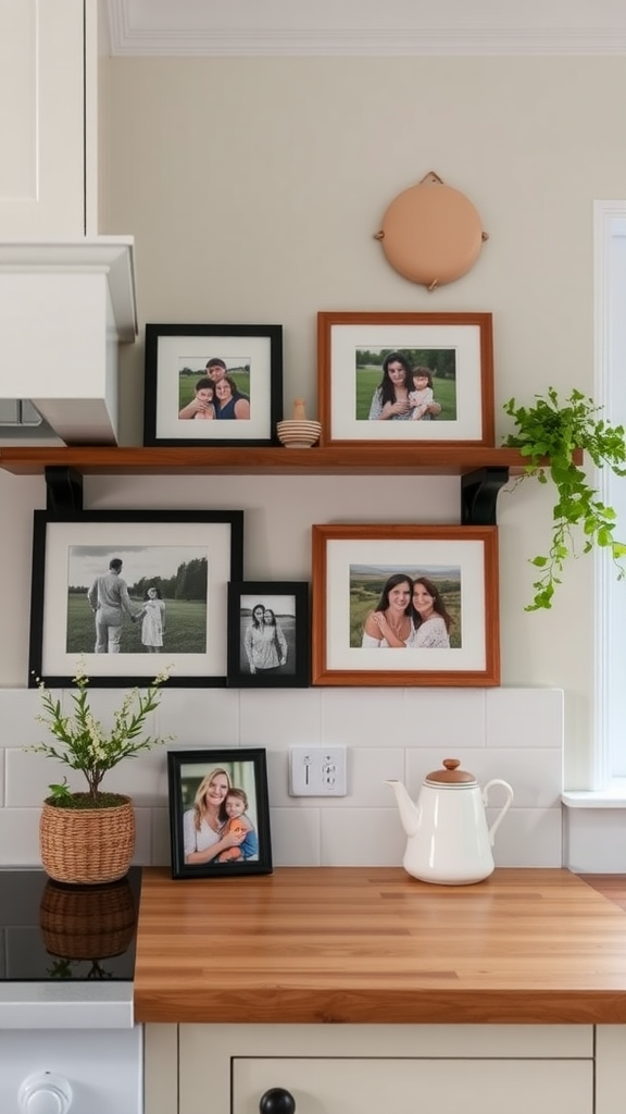 A cottage style kitchen with family photos on a wooden shelf, a microwave, and a potted plant.