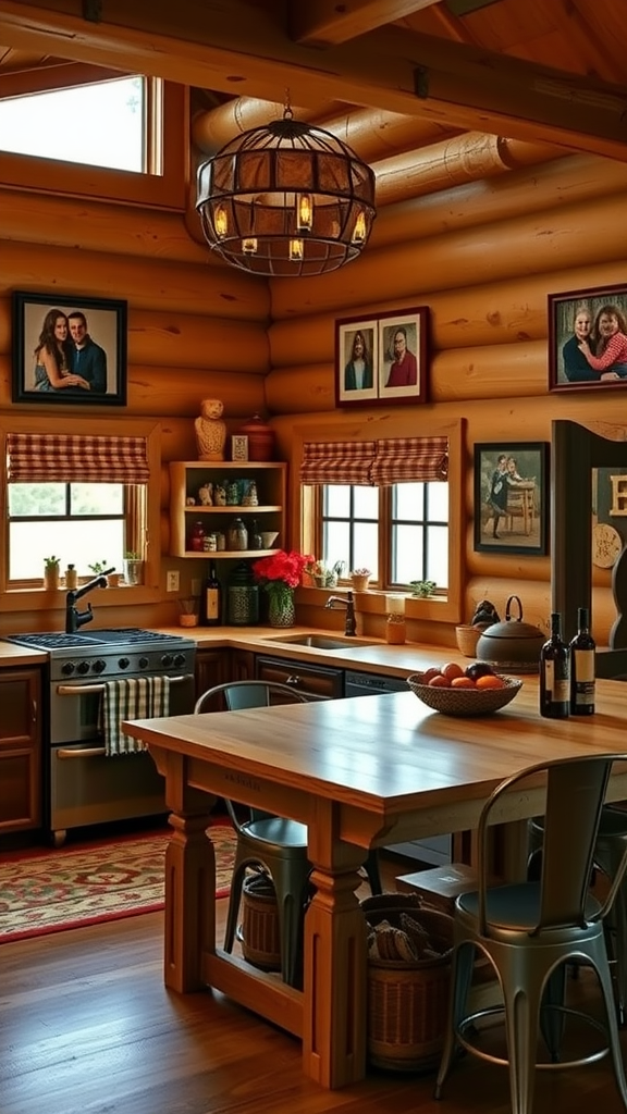 Cozy log cabin kitchen with family photos on the wall and a checkered tablecloth.