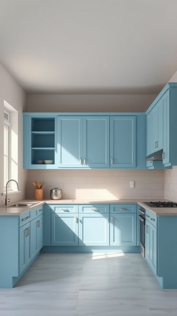 A modern kitchen featuring light blue cabinets, bright natural light, and a clean layout.