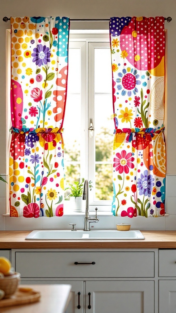 Colorful kitchen curtains with floral and polka dot designs