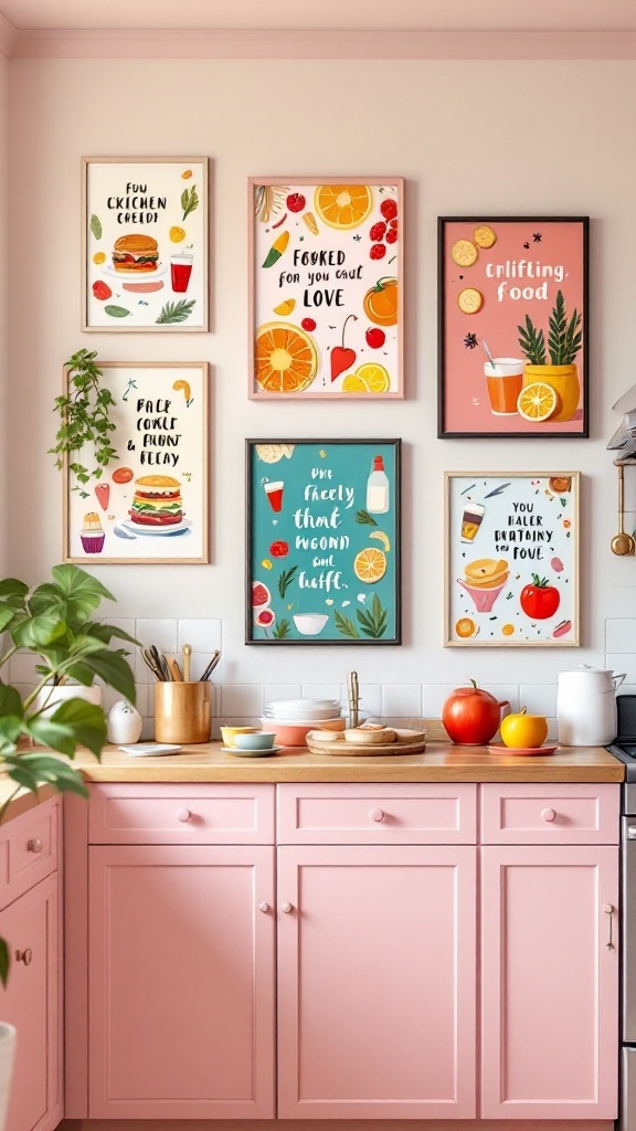 A kitchen with playful food-themed wall art in colorful frames, soft pink cabinets, and a wooden countertop.