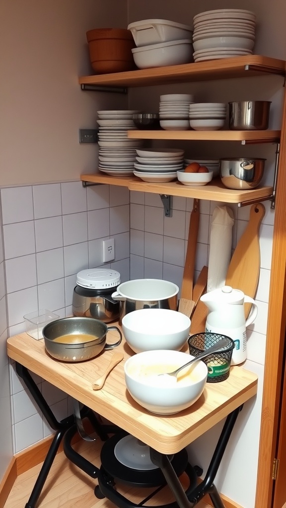 A compact kitchen setup with a portable baking station featuring bowls, pots, and organized shelves.