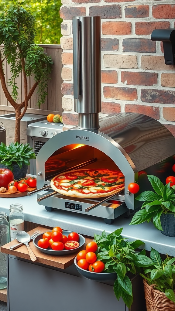 A modern portable pizza oven with flames and fresh ingredients around it.