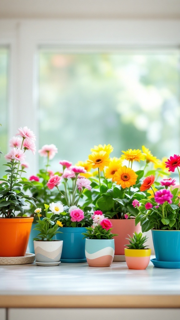 A variety of colorful potted flowers on a kitchen counter, bringing brightness and life to the space.