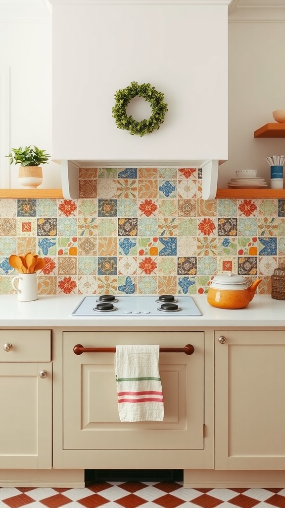 A cozy cottage style kitchen with colorful tile backsplash and warm decor elements.