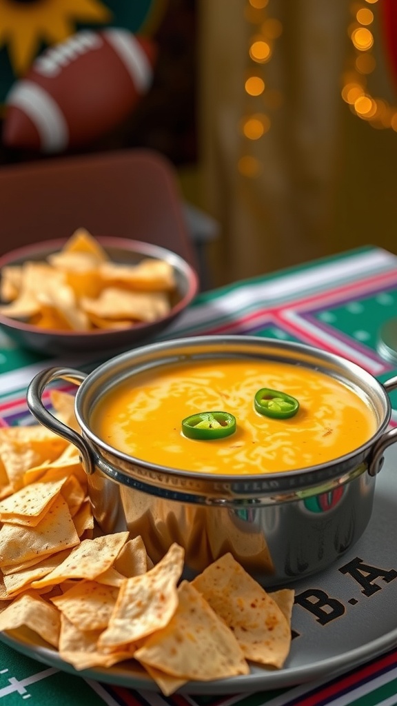 A bowl of queso dip with tortilla chips, perfect for game day.