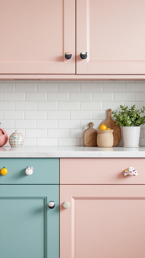 A colorful kitchen featuring quirky cabinet handles shaped like animals and fruits