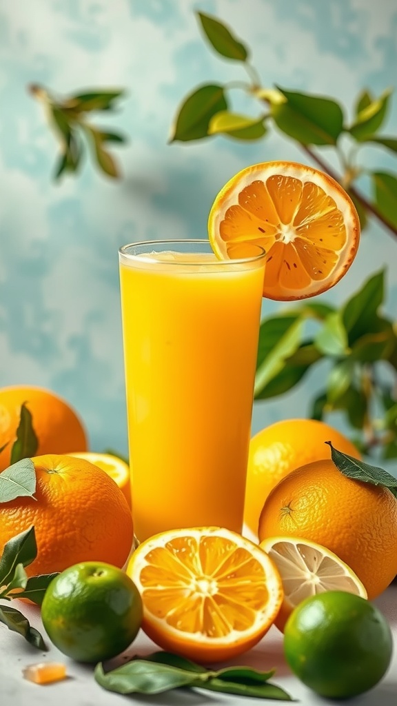 A refreshing glass of citrus juice with whole oranges and lemons in the background.