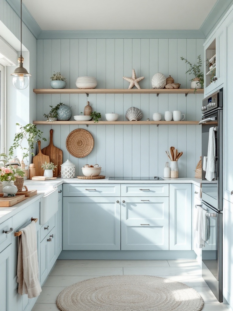 Coastal-inspired kitchen with soft blue cabinets and wooden shelves.