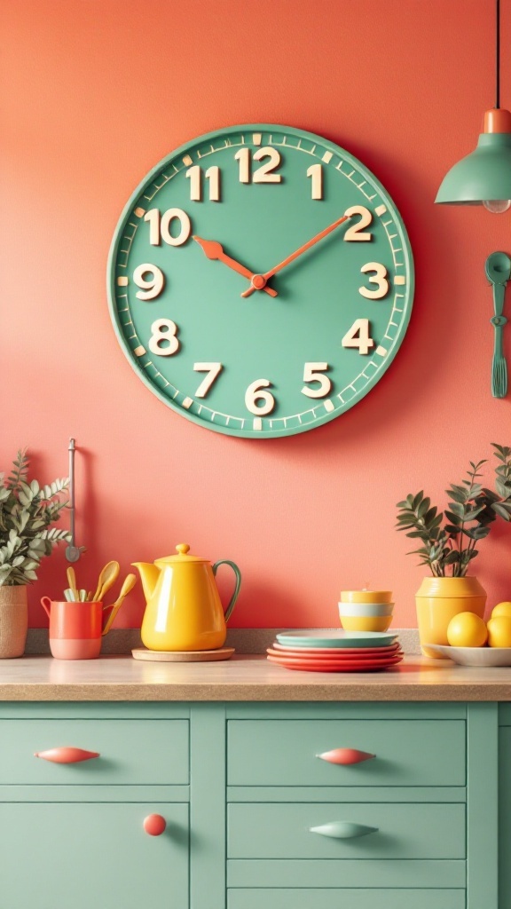 A retro-inspired kitchen clock in turquoise on a coral wall with colorful kitchenware.