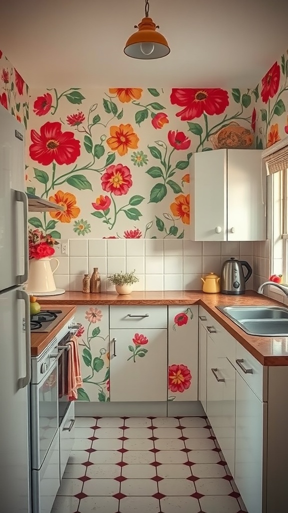 A bright 1950s kitchen with floral wallpaper and a cozy layout.