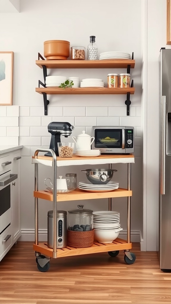 Rolling kitchen cart with multiple shelves, holding kitchen items like plates and jars.