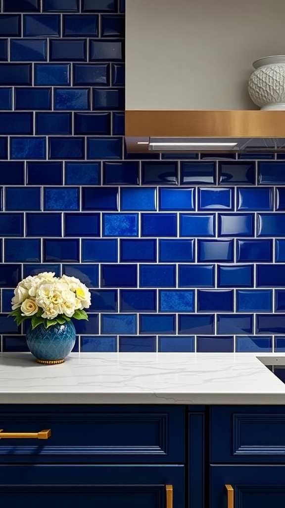 A modern kitchen featuring a royal blue backsplash with gold accents, showcasing a vibrant design.