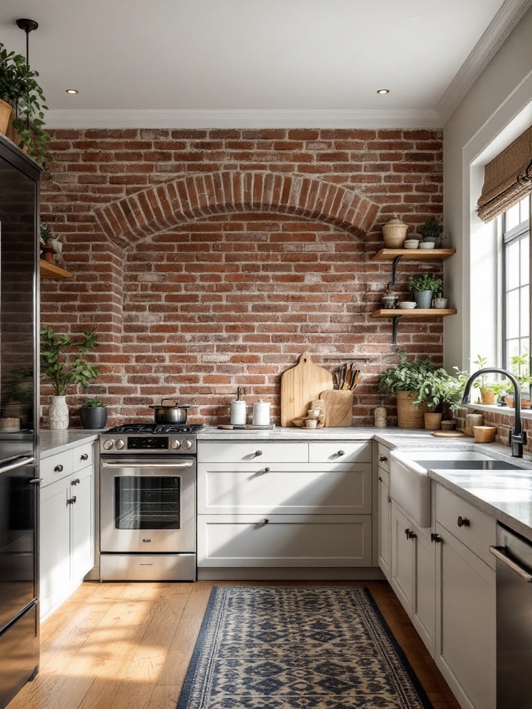 A kitchen featuring rustic brick accents with natural decor