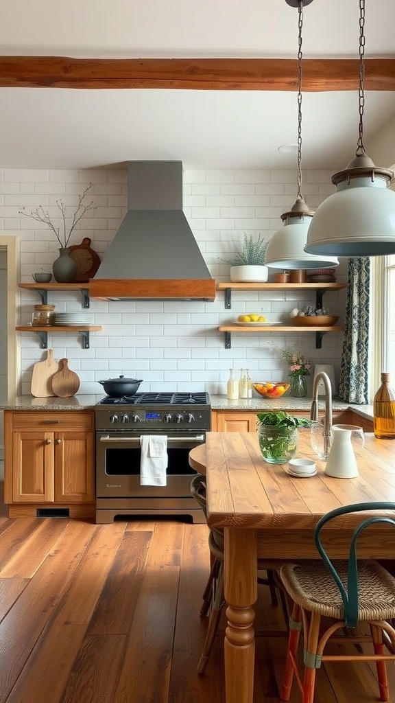 A modern kitchen with wooden beams, open shelving, and a large wooden dining table