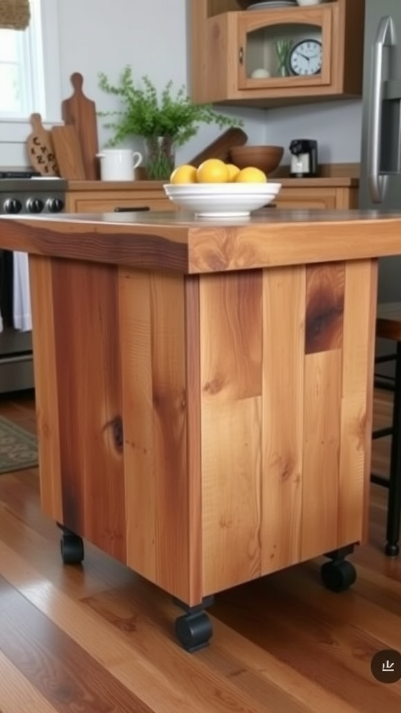 Rustic kitchen island made of reclaimed wood with iron legs, surrounded by warm wooden cabinets and open shelves.