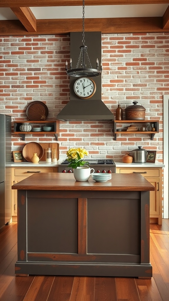 Rustic kitchen island with exposed brick backsplash and wooden accents