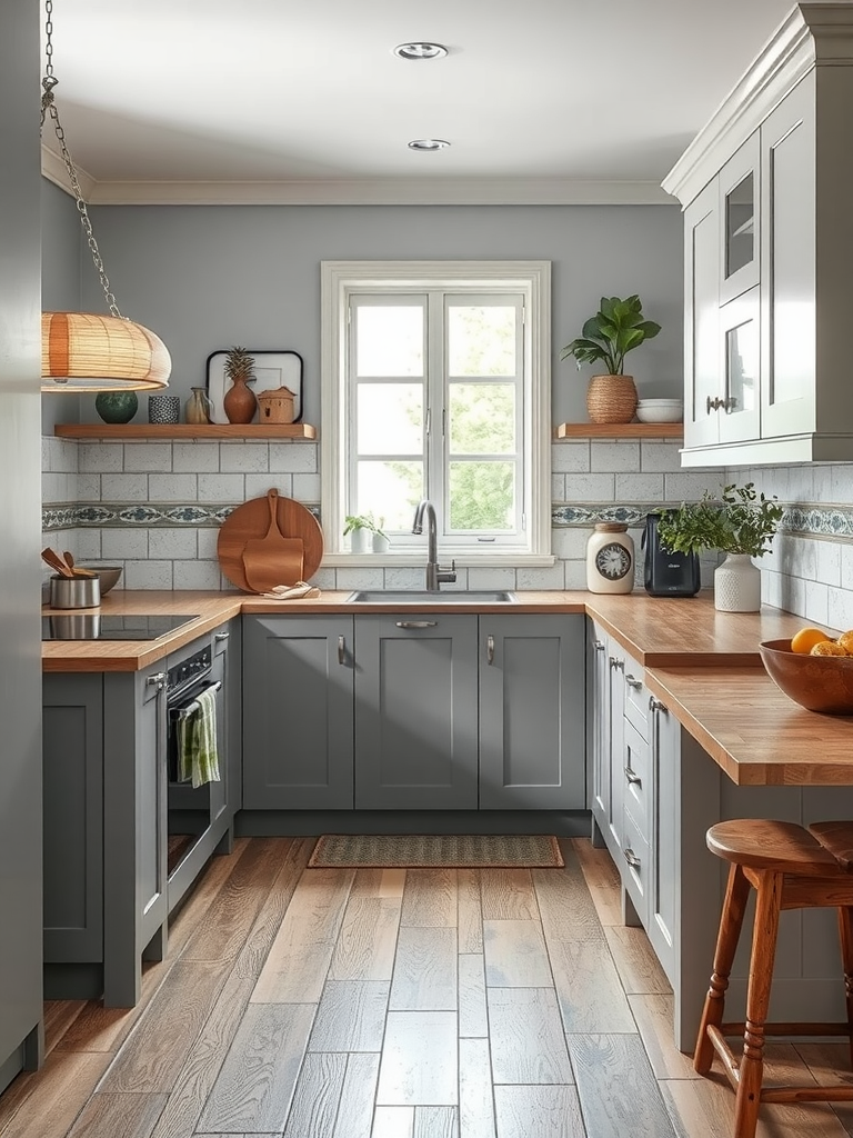 A modern grey and white kitchen featuring rustic wooden accents.