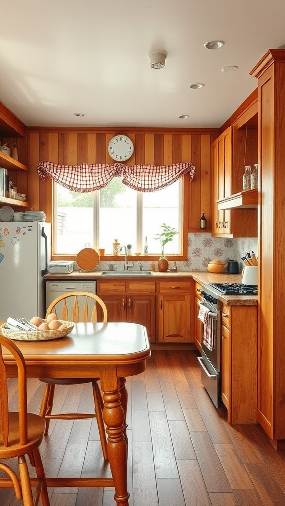 A cozy 1950s kitchen featuring rustic wood accents, an open layout, and checkered curtains.