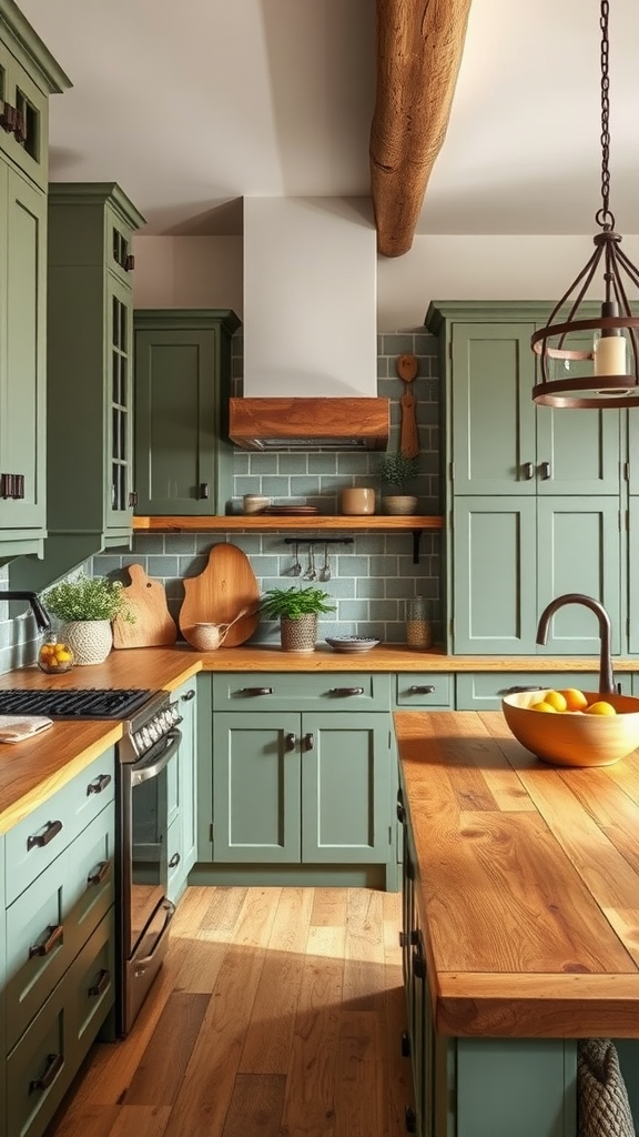 A cozy kitchen featuring sage green cabinets and rustic wood countertops with open shelving.