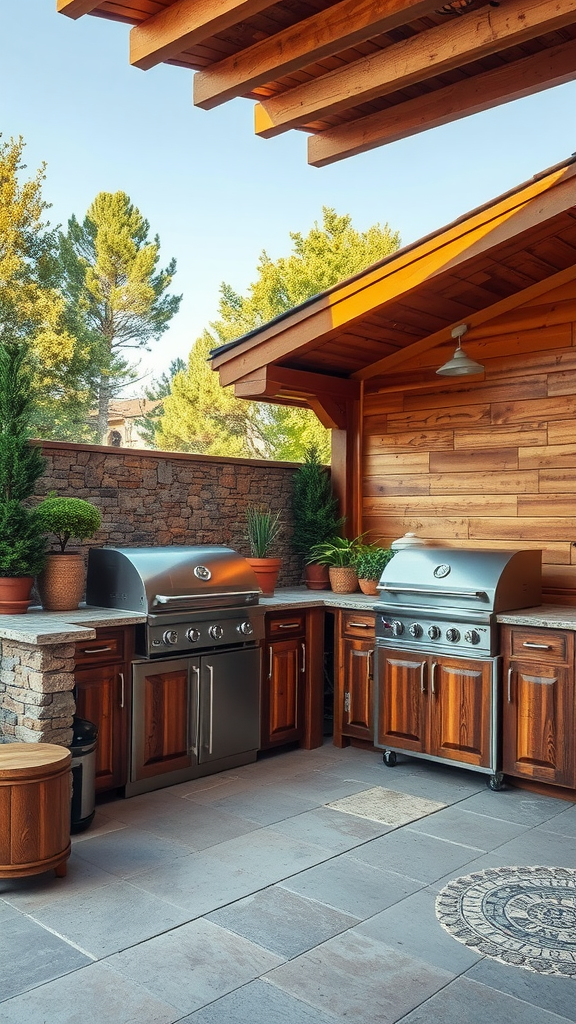 A rustic outdoor kitchen with wooden beams and cabinetry surrounded by plants.