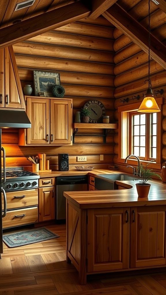 A cozy log cabin kitchen featuring rustic wood finishes with warm tones, wooden cabinets, and a natural grain aesthetic.