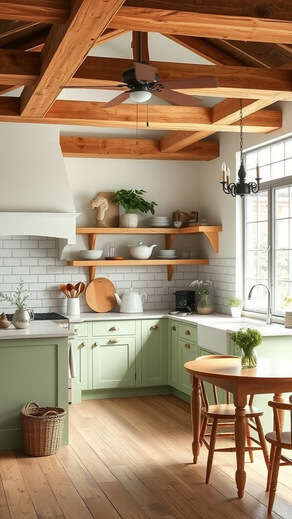 A farmhouse kitchen featuring sage green cabinets, wooden beams, and a round table.