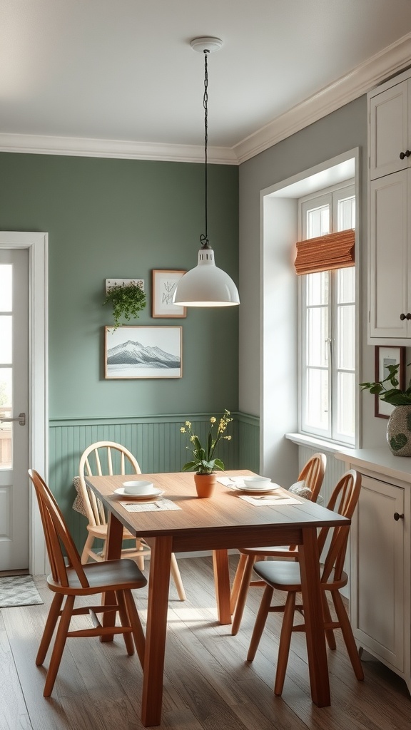 Sage green dining nook with wooden table and chairs, pendant light, and plants.