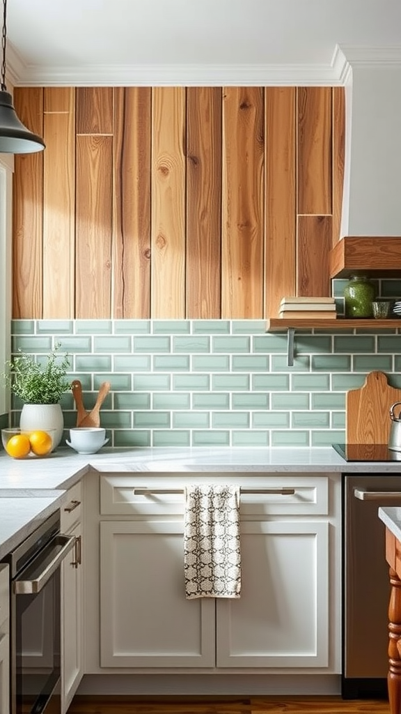 Kitchen with sage green backsplash and reclaimed wood wall.