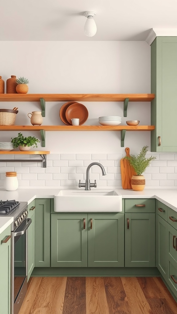 A stylish kitchen featuring sage green cabinets, natural wood accents, and a farmhouse sink.